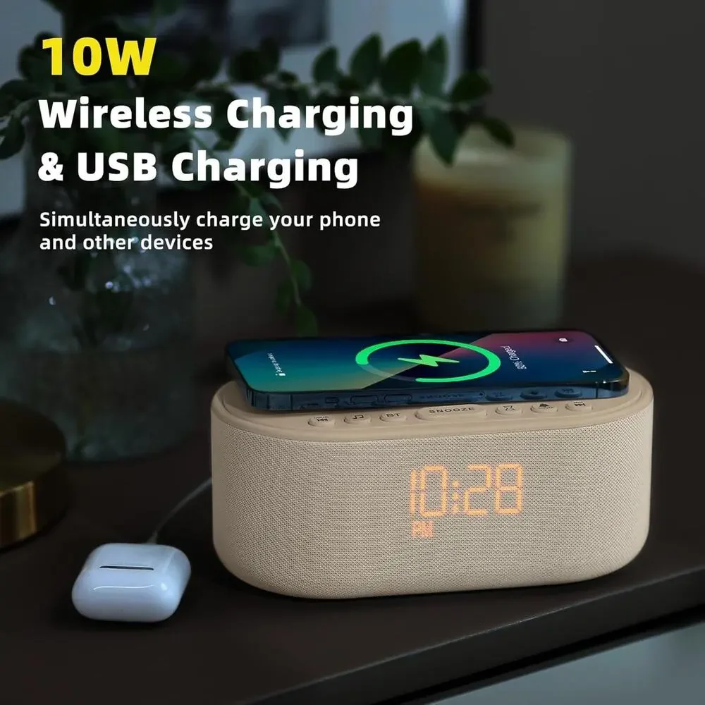 Odokee Alarm Clock with Wireless Phone Charger - All in One Bedside Speaker